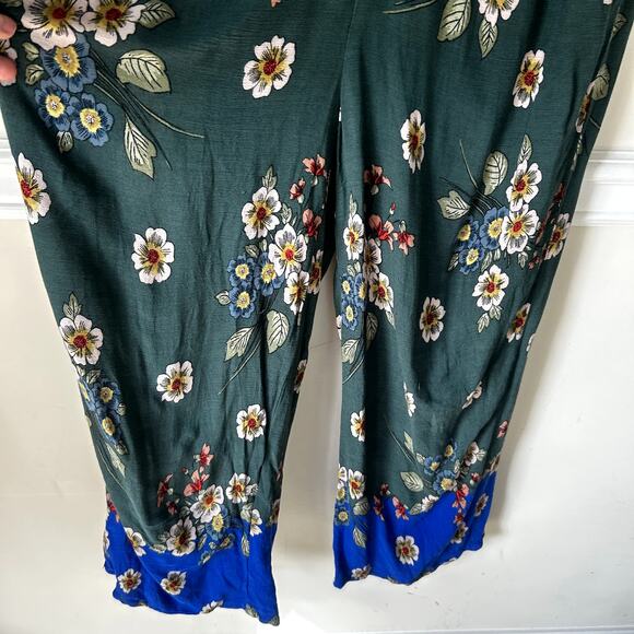 Democracy Jumpsuit Size L Floral Drawstring Waist Pants Green Romper Button Up - Picture 7 of 9